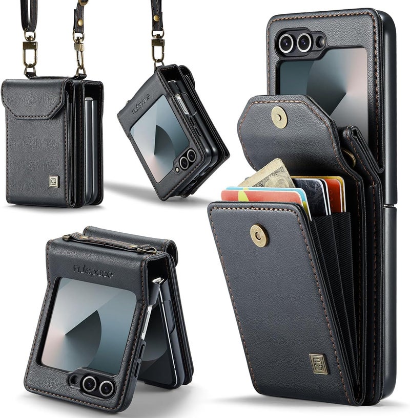 ASAPDOS Crossbody Case Compatible with Samsung Galaxy Z Flip 6/Z Flip 7 FE,Retro PU Leather Strap Wristlet Flip Case with Magnetic Closure and Card Holder for Men Women Black - Image 1